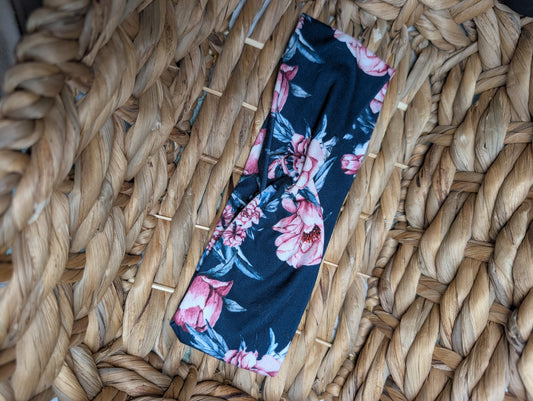 Bandeau motifs 67 fleurs roses fond marine